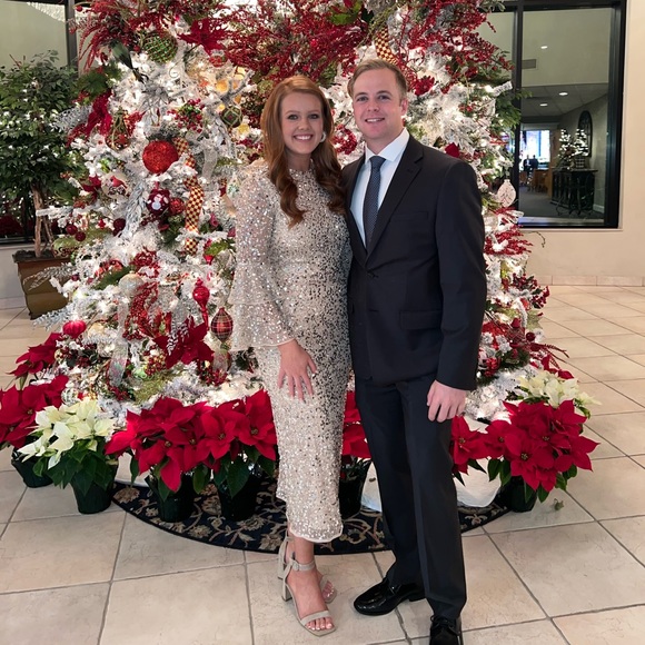 Mac Duggal Fully Sequined Ruffle Tiered 3/4 Sleeve Midi Dress Nude - Picture 2 of 3